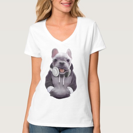 Französischer Bulldog mit Kopfhörer-Illustration T-Shirt (Vorderseite)