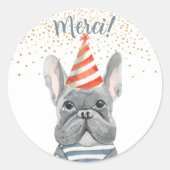 Französischer Bulldog mit Party Hat Merci Confetti Runder Aufkleber (Vorderseite)