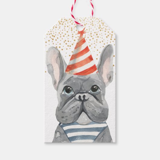 Französischer Bulldog mit Party Hat Merci Geschenkanhänger (Vorderseite)