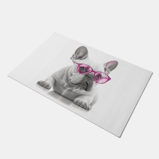 Französischer Bulldog mit rosa Brille Door Mat Fußmatte (Schrägansicht)
