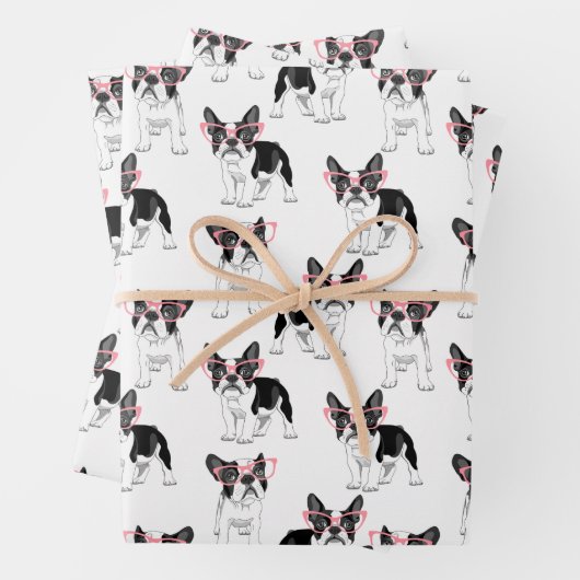 Französischer Bulldog mit rosa Brille Wrapping Pap Geschenkpapier Set (Beispiel)