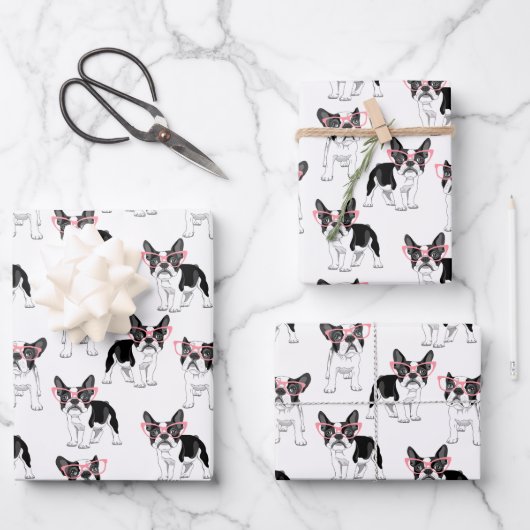 Französischer Bulldog mit rosa Brille Wrapping Pap Geschenkpapier Set (Vorderseite)