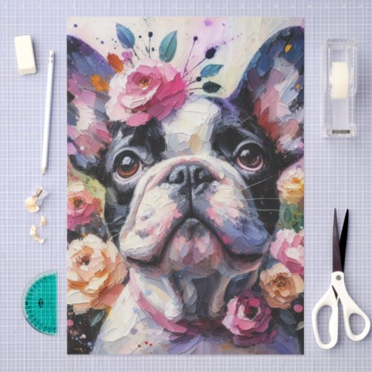 Französischer Bulldog mit Rose Blumendekoupage Seidenpapier (Handwerk)