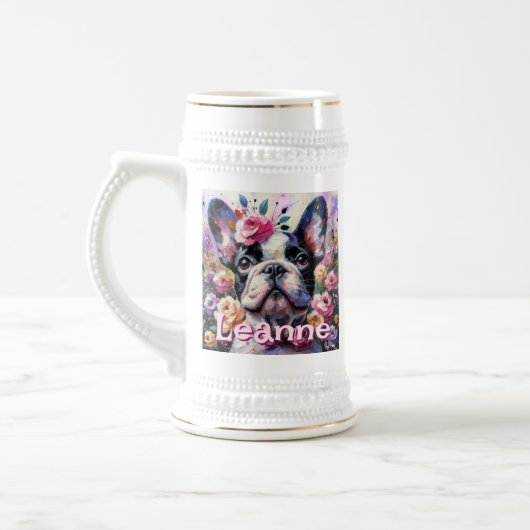 Französischer Bulldog mit Rose Floral Personalisie Bierglas (Links)