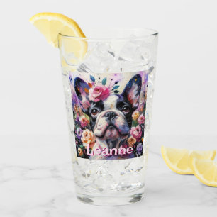 Französischer Bulldog mit Rose Floral Personalisie Glas
