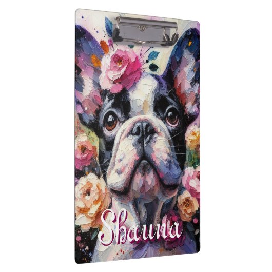 Französischer Bulldog mit Rose Floral Personalisie Klemmbrett (Rechts)