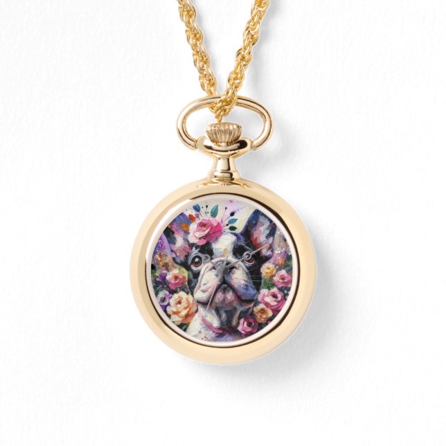 Französischer Bulldog mit Rose Impressionistische  Armbanduhr (Vorderseite)