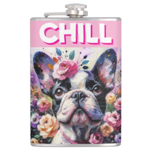 Französischer Bulldog mit Rose Impressionistische Flachmann