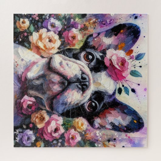 Französischer Bulldog mit Rose Impressionistische Puzzle (Horizontal)