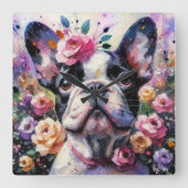 Französischer Bulldog mit Rose Impressionistische Quadratische Wanduhr (Vorderseite)