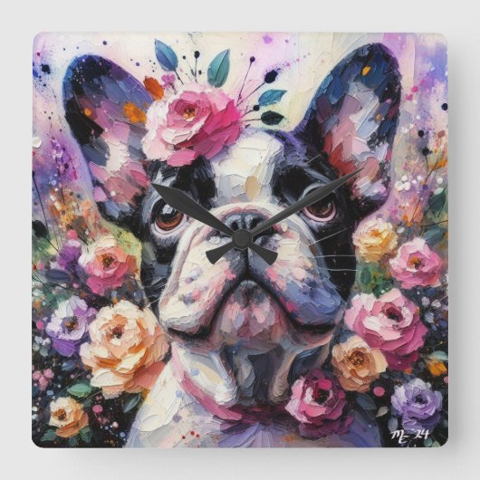 Französischer Bulldog mit Rose Impressionistische Quadratische Wanduhr (Vorderseite)
