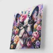 Französischer Bulldog mit Rose Impressionistische Quadratische Wanduhr (Winkel)