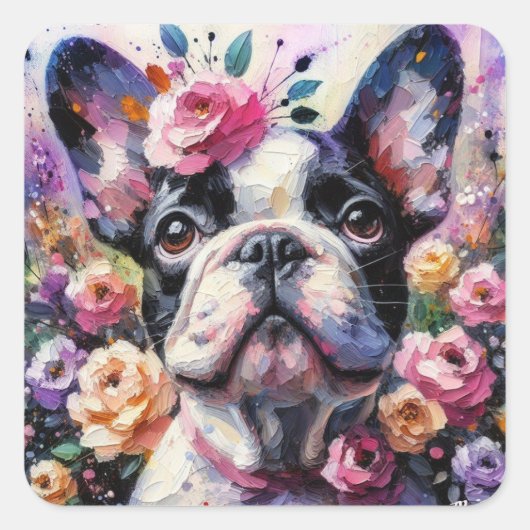Französischer Bulldog mit Rose Impressionistische Quadratischer Aufkleber (Vorderseite)