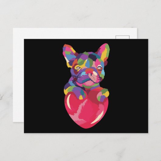 Französischer Bulldog mit rotem Herzen bunt Postkarte (Vorne/Hinten)