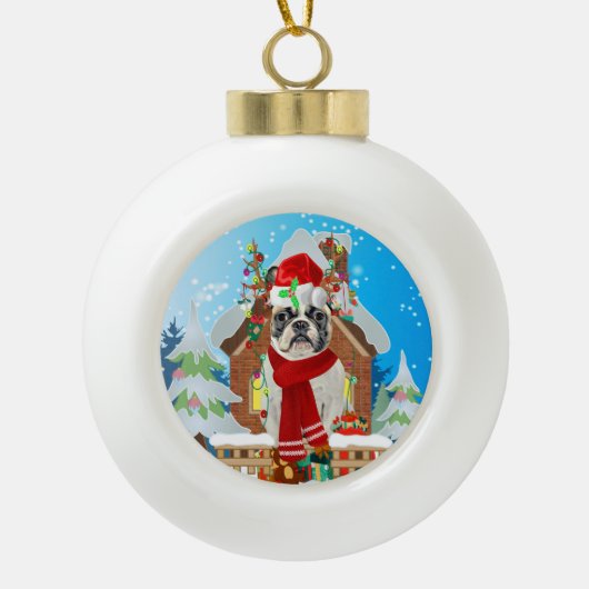Französischer Bulldog mit Weihnachtsgeschenken Keramik Kugel-Ornament (Vorderseite)