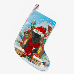 Französischer Bulldog mit Weihnachtsgeschenken Kleiner Weihnachtsstrumpf