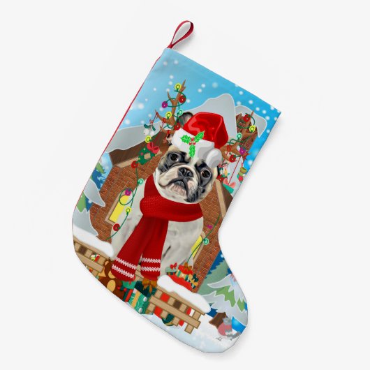 Französischer Bulldog mit Weihnachtsgeschenken Kleiner Weihnachtsstrumpf (Vorderansicht (hängend))