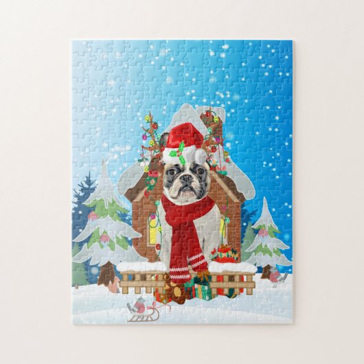 Französischer Bulldog mit Weihnachtsgeschenken Puzzle (Vertikal)
