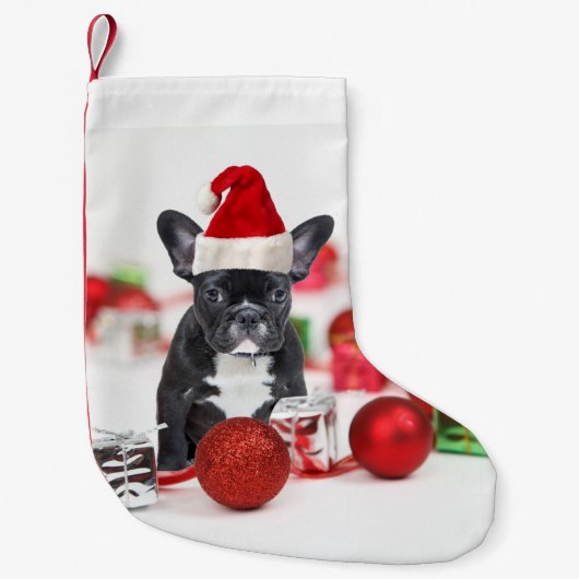 Französischer Bulldog mit Weihnachtsschmuck Kleiner Weihnachtsstrumpf (Vorderseite)