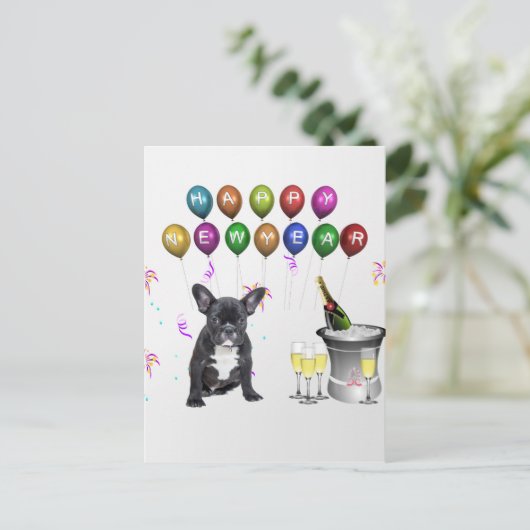 Französischer Bulldog-Neujahr Feiertagspostkarte (Stehend Vorderseite)