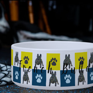 Französischer Bulldog & Paw Yellow & Blue Grid Dog Napf