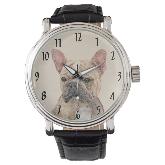 Französischer Bulldog (Sable) Gemälde - Niedlich O Armbanduhr (Vorderseite)