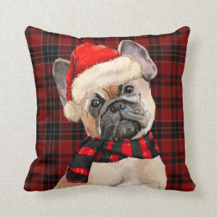 Französischer Bulldog und Karierter Red Christmas Kissen