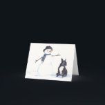 Französischer Bulldog und Snowman Dog Art Notecard Feiertagskarte<br><div class="desc">Diese Karte zeigt eine Reproduktion meiner ursprünglichen Aquarellmalerei eines französischen Bulldog und Snowman.</div>