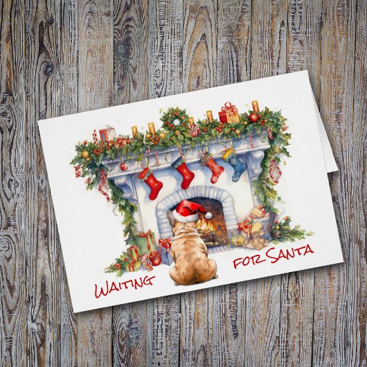 Französischer Bulldog wartet auf Weihnachten Kamin