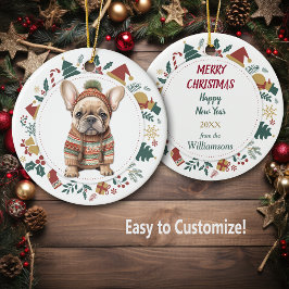 Französischer Bulldog Welpe im Winter Sweep Weihna Keramik Ornament