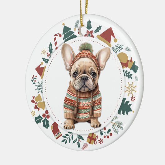 Französischer Bulldog Welpe im Winter Sweep Weihna Keramik Ornament (Links)