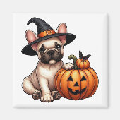 Französischer Bulldog Welpe in Hexenhut mit Pumpki Magnet (Vorne)