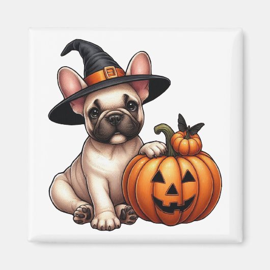 Französischer Bulldog Welpe in Hexenhut mit Pumpki Magnet (Vorne)