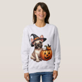 Französischer Bulldog Welpe in Hexenhut mit Pumpki Sweatshirt (Vorne ganz)