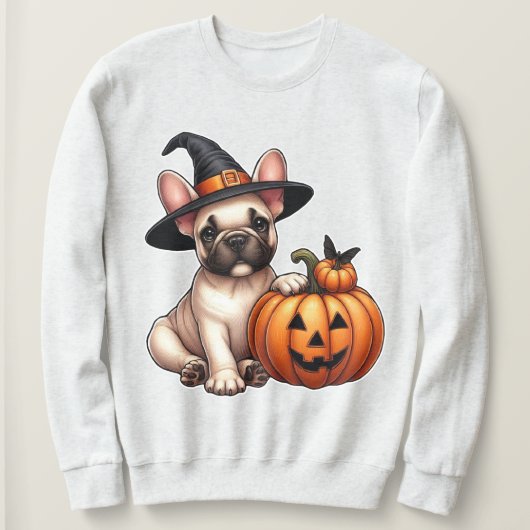Französischer Bulldog Welpe in Hexenhut mit Pumpki Sweatshirt (Design vorne)