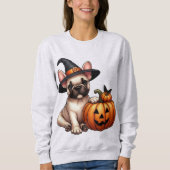 Französischer Bulldog Welpe in Hexenhut mit Pumpki Sweatshirt (Vorderseite)