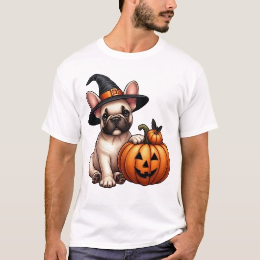 Französischer Bulldog Welpe in Hexenhut mit Pumpki T-Shirt (Vorderseite)
