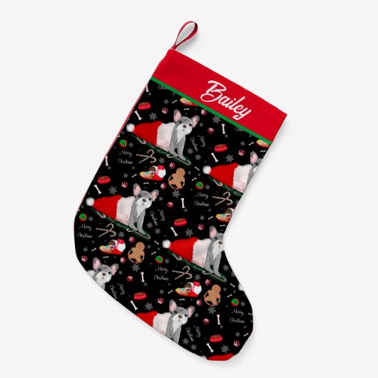 Französischer Bulldog Welpe in Santa's Hat-Muster Kleiner Weihnachtsstrumpf (Vorderansicht (hängend))