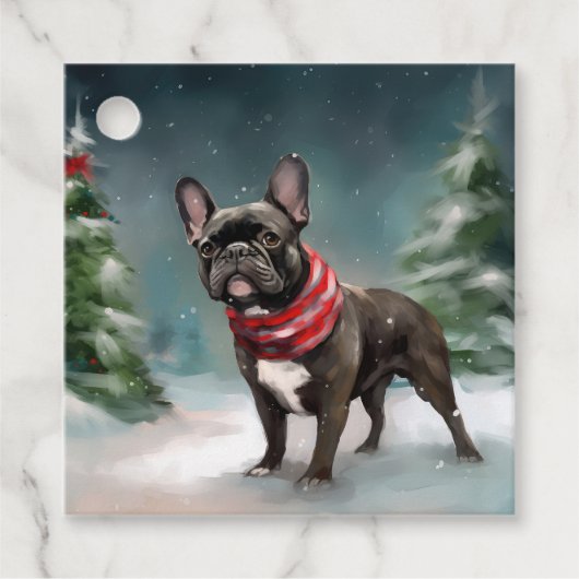 Französischer Bulldog zu Weihnachten im Schnee Geschenkanhänger (Vorderseite)