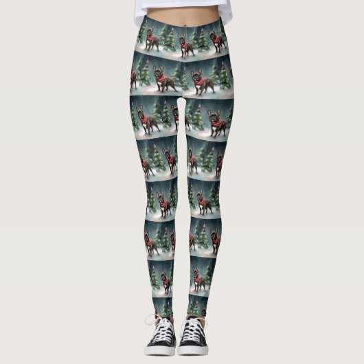 Französischer Bulldog zu Weihnachten im Schnee Leggings (Vorderseite)