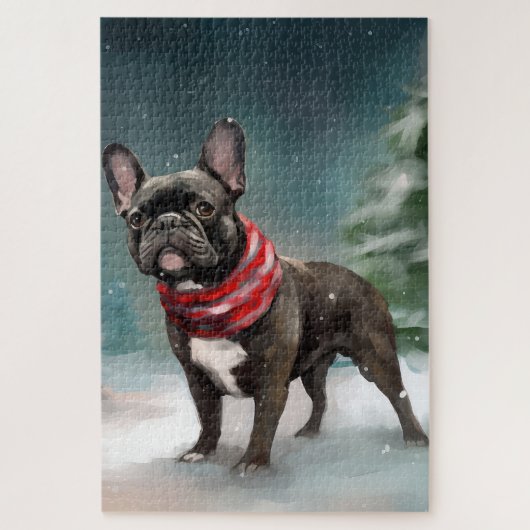 Französischer Bulldog zu Weihnachten im Schnee Puzzle (Vertikal)