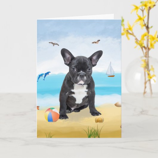 Französischer Bulldogge am Strand Karte (Gelbe Blume)