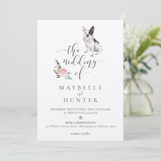 Französischer Bulldogge Pet & Rosa Rose Einladung (Stehend Vorderseite)