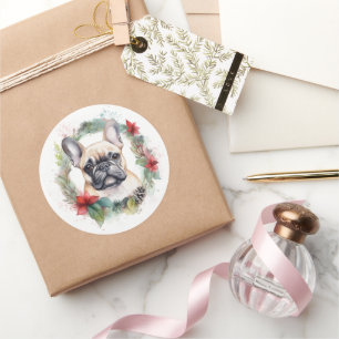 Französischer Bulldogge Weihnachtskranz Festlicher Runder Aufkleber