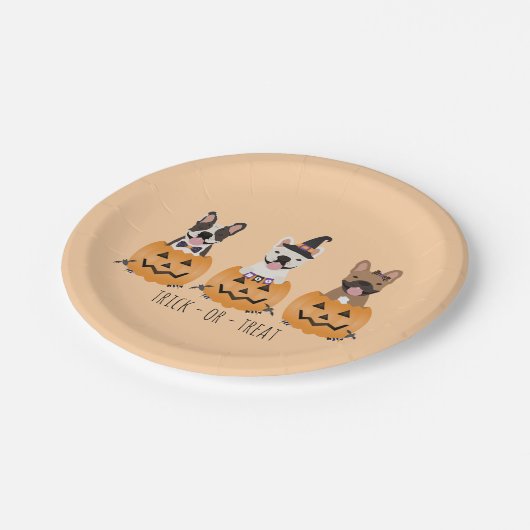 Französischer Bulldogs Trick oder Treat Pumpkin Pappteller (Schrägansicht)