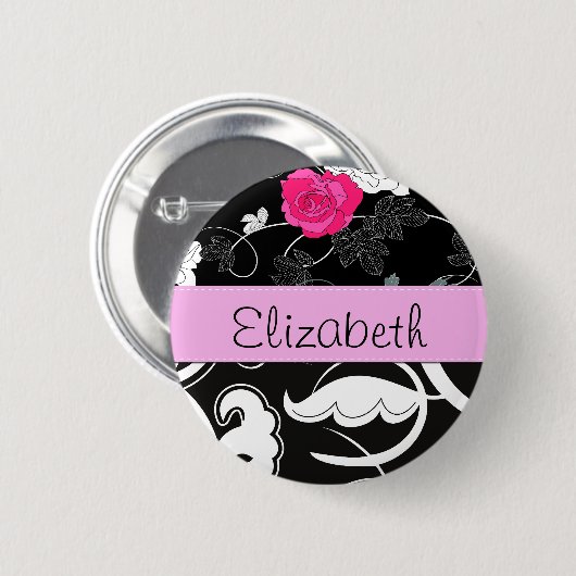Französischer Damast, Blume, Schwarz und Weiß, Ihr Button (Vorne & Hinten)