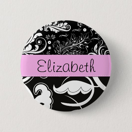 Französischer Damast, Blume, Schwarz und Weiß, Ihr Button (Vorderseite)