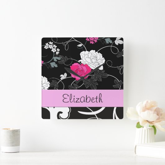 Französischer Damast, Blume, Schwarz und Weiß, Ihr Quadratische Wanduhr (Zuhause)