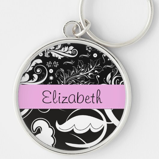 Französischer Damast, Blume, Schwarz und Weiß, Ihr Schlüsselanhänger (Vorne)