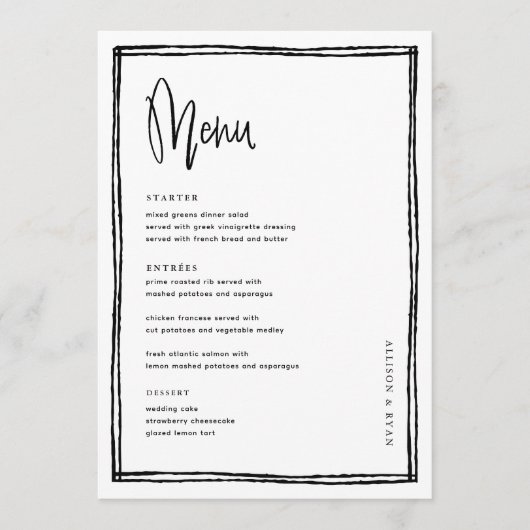 Französischer Hochzeitstisch mit Handschrift Menükarte (Vorderseite)